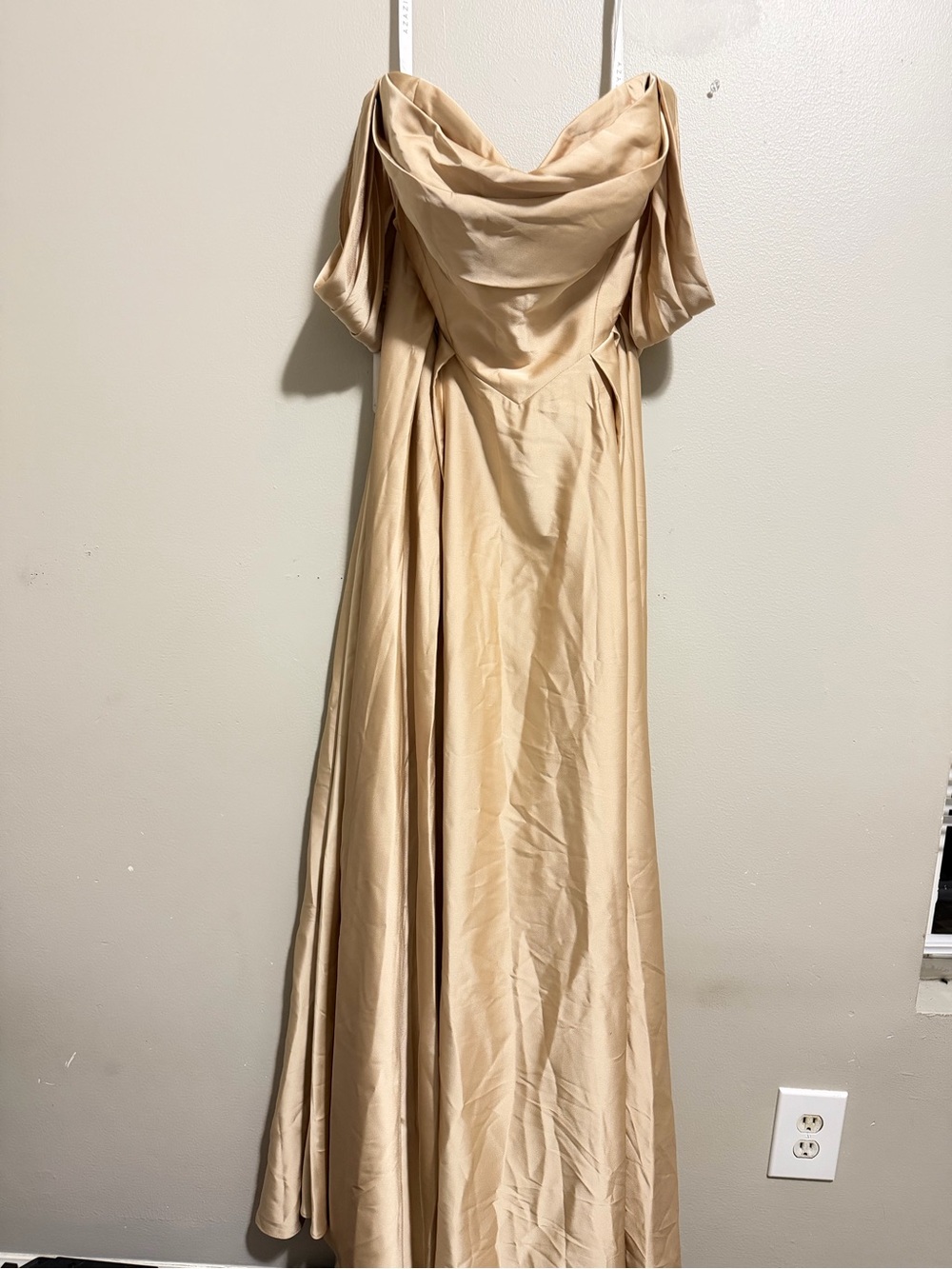 Champagne A-line Off the Shoulder Stretch Satin Dress